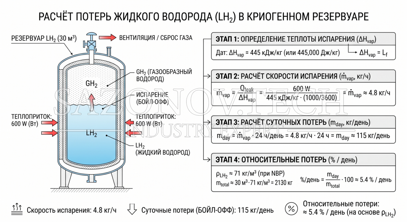 Инфографика расчёта потерь жидкого водорода: теплоприток 600 Вт приводит к испарению около 4,8 кг в час и 115 кг в сутки